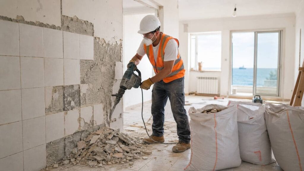 Muncitor executând demolări ușoare într-un apartament din Constanța